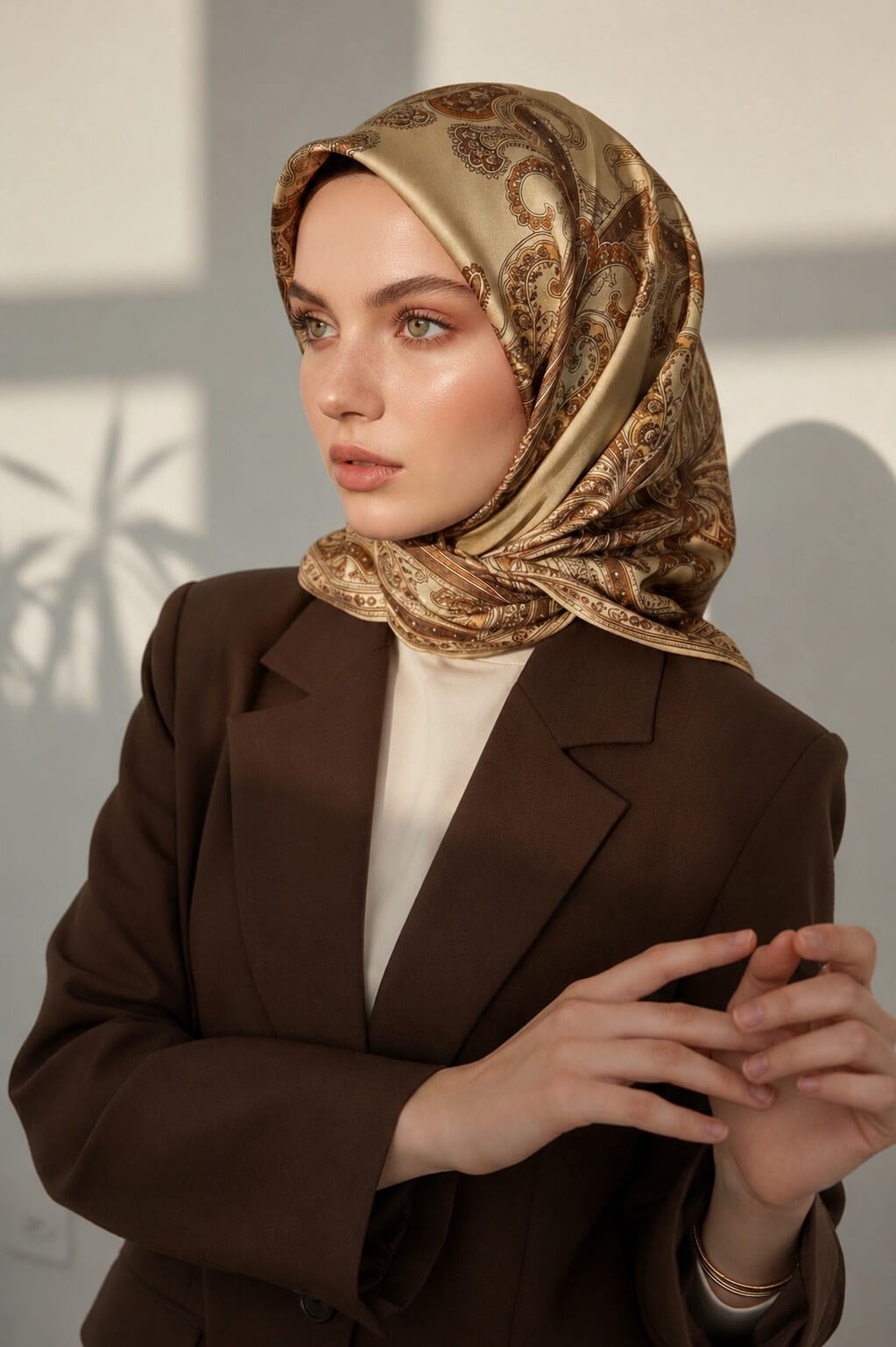%100 Twill İpek Şal Desenli Bej - Kahverengi Renkli 90x90 Eşarp Dikim Şekli : El Dikişi
