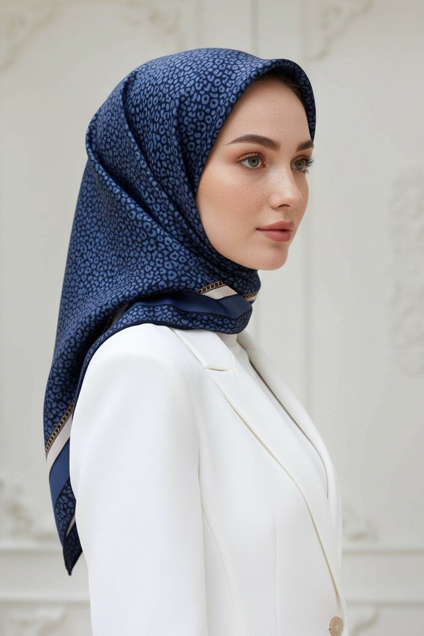 % 57 İPEK % 43 VİSKON Twill İpek Leopar Desenli Lacivert - İndigo Renkli 90x90 Eşarp Dikim Şekli : El Dikişi