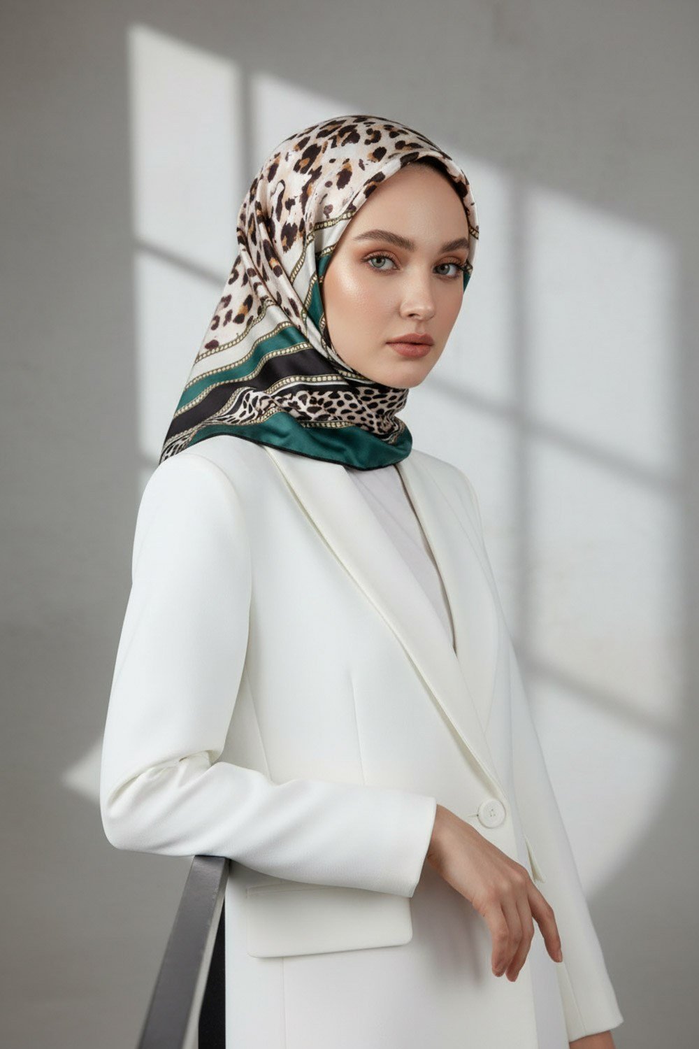 Twill Kemerli ve Leopar Desenli Petrol Yeşili Renkli 90x90 Eşarp (İpek İçermez) Dikim Şekli : El Dikişi