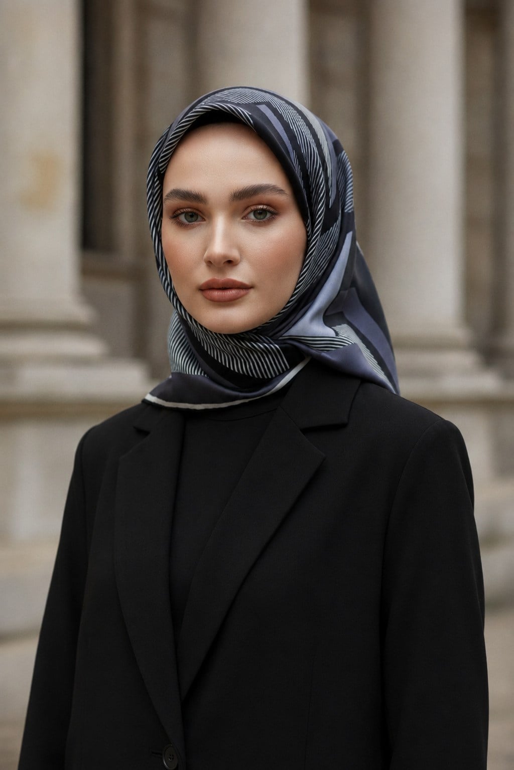 %100 Twill İpek Geometrik Desenli Siyah - Gri Renkli 90x90 Eşarp Dikim Şekli : El Dikişi