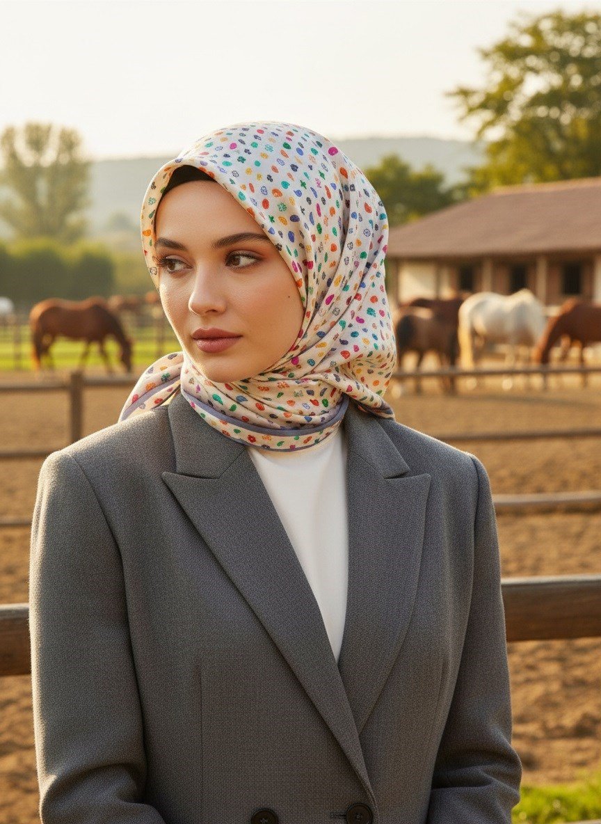 %100 Twill İpek Çıtır Desenli Krem - İndigo Renkli 90x90 Eşarp Dikim Şekli : El Dikişi