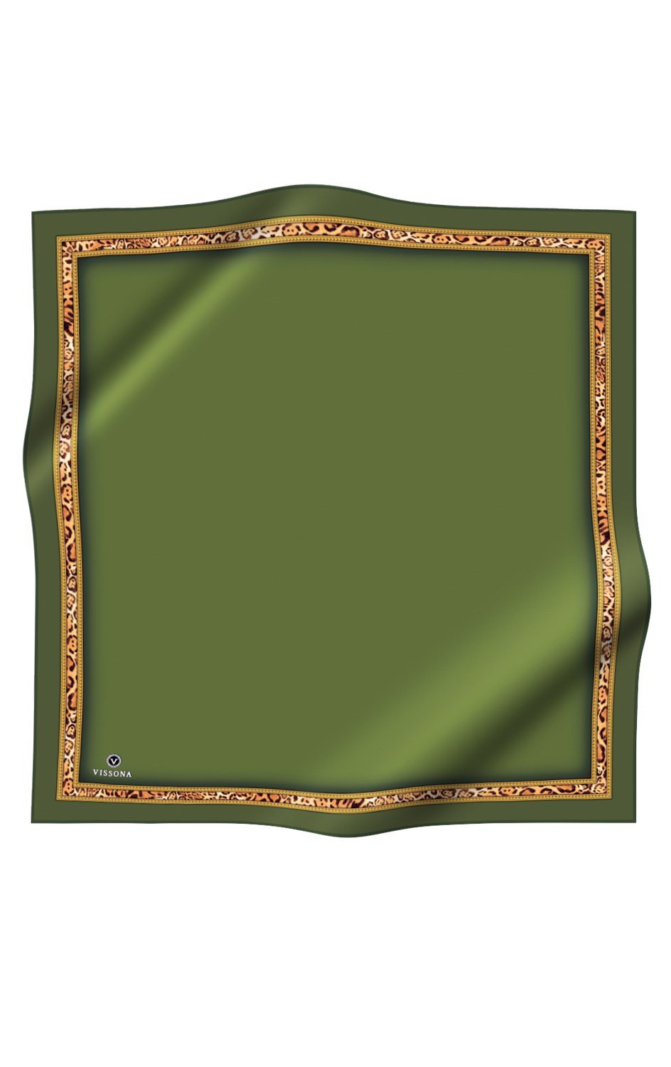 %100 Twill İpek Bordürü Leoparlı Düz Desenli Haki - Gold Renkli 90x90 Eşarp Dikim Şekli : El Dikişi