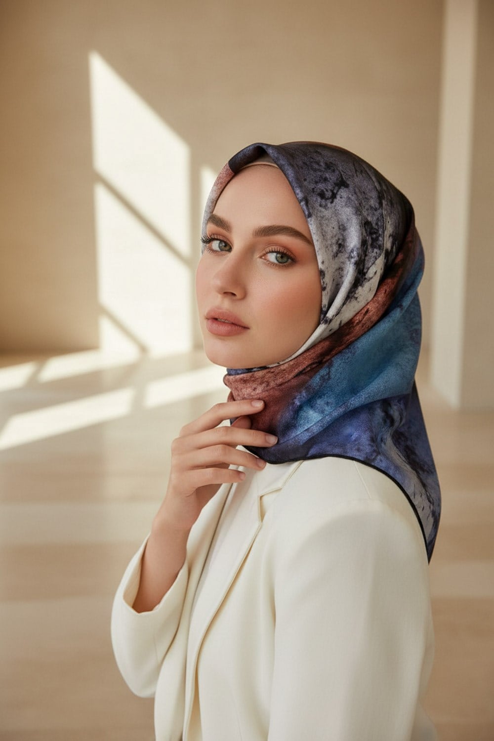 %100 Twill İpek Dokulu Ve Geometrik Desenli Gül Kurusu - İndigo Renkli 90x90 Eşarp Dikim Şekli : El Dikişi
