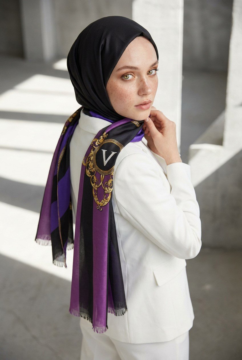 %100 Saf İpek Şal İnce Saten Vual Dokuma Şeritli Ve Varak Desenli Mor - Lila Renkli 90x210 Şal