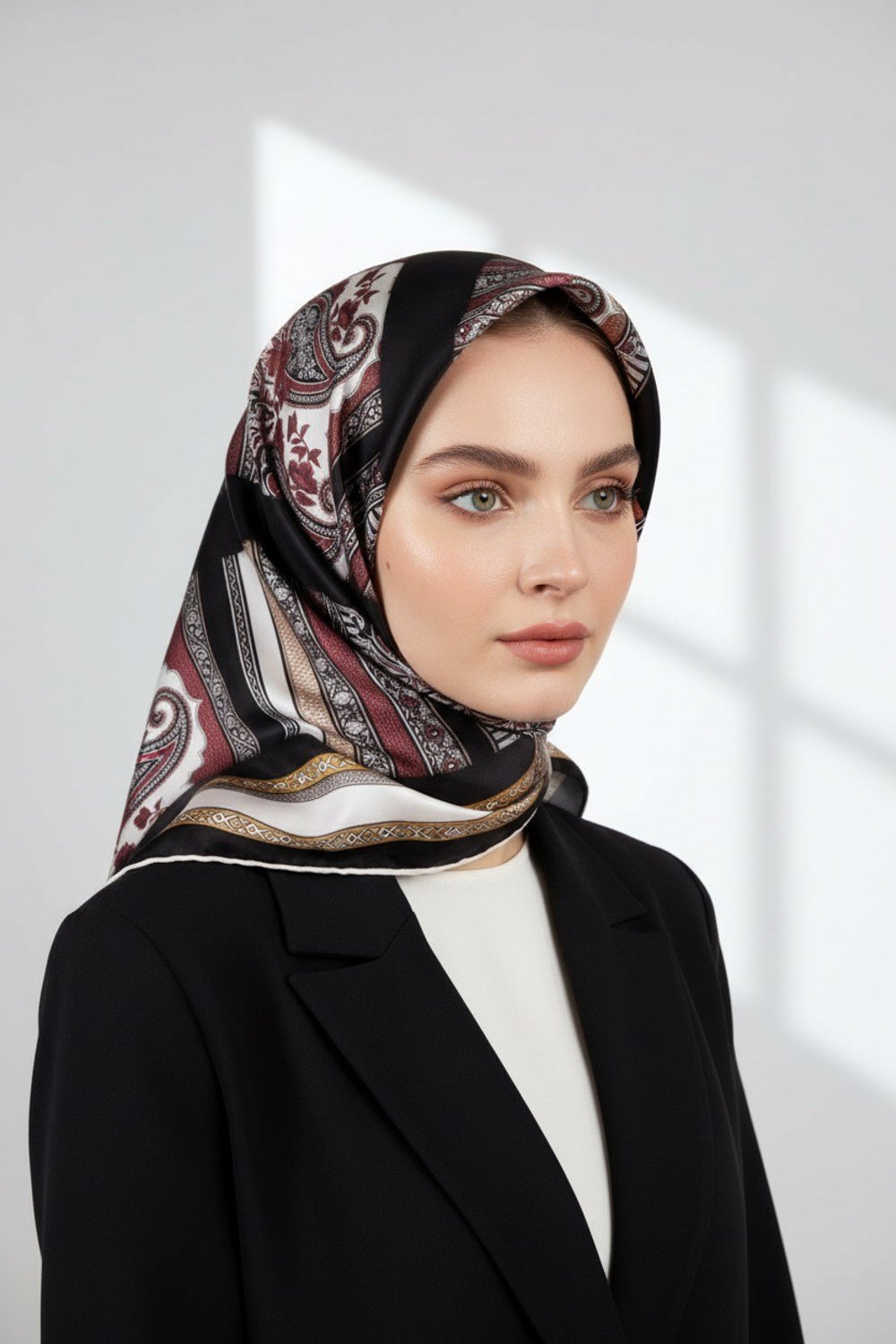 Twill Şal Desenli Siyah Renkli 90x90 Eşarp (İpek İçermez) Kenar Dikiş Şekli El Dikişli