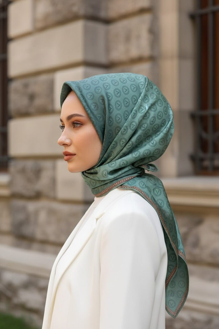 % 57 İPEK % 43 VİSKON Twill İpek Monogram Desenli Benetton Yeşili Renkli 90x90 Eşarp Dikim Şekli : El Dikişi