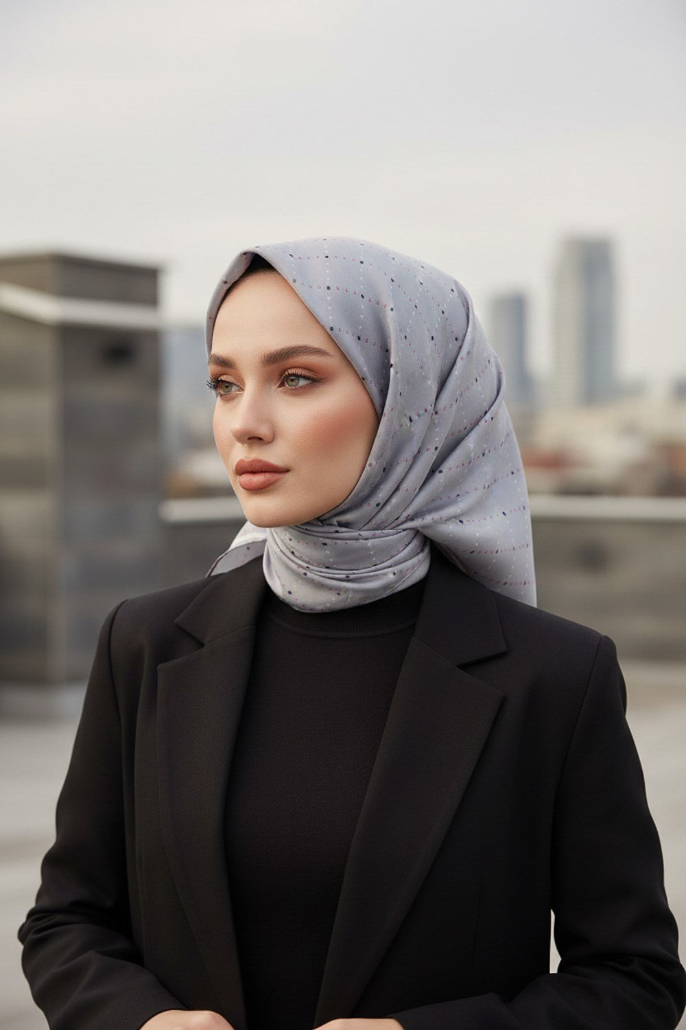 % 57 İPEK % 43 VİSKON Twill İpek Minik V Desenli Gri Renkli 90x90 Eşarp Dikim Şekli : El Dikişi