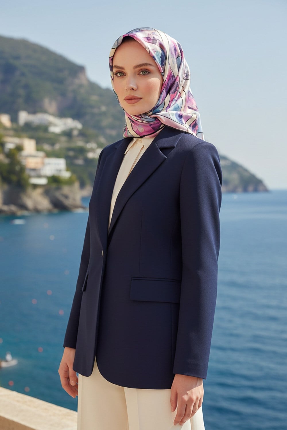 %100 Twill İpek Bahar Çiçekleri Desenli Lila - Su Yeşili Renkli 90x90 Eşarp Kenar Dikiş Şekli El Dikişli