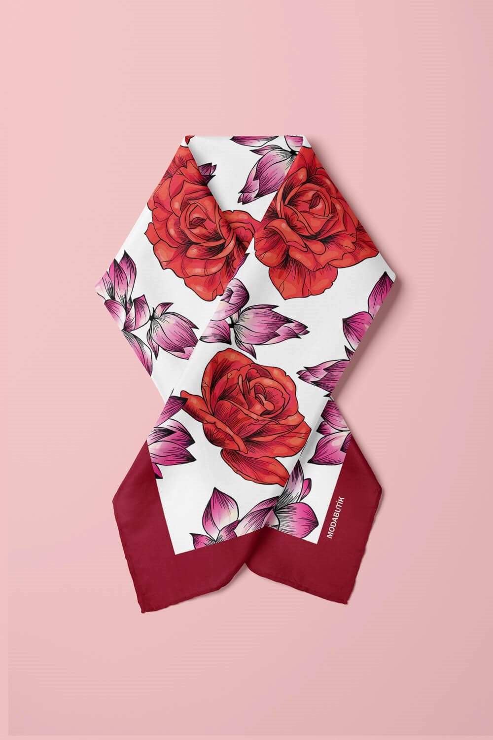 Violla Y57 Kadın Çiçek Desenli Bandana 50x50 Kırmızı DG0139-2