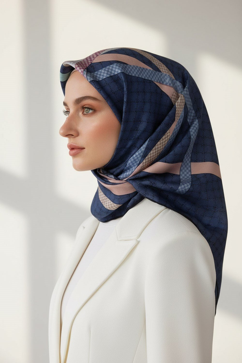%100 Twill İpek Monogram Ve Şerit Desenli İndigo - Pudra Renkli 90x90 Eşarp Dikim Şekli : El Dikişi
