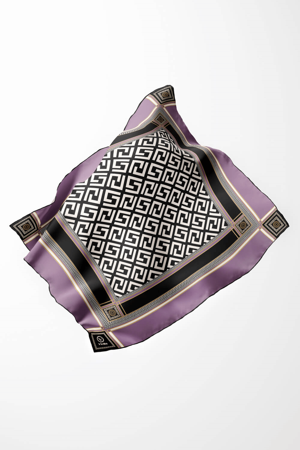 Twill Antik Desenli Lila Renkli 90x90 Eşarp (İpek İçermez) Kenar Dikiş Şekli El Dikişli
