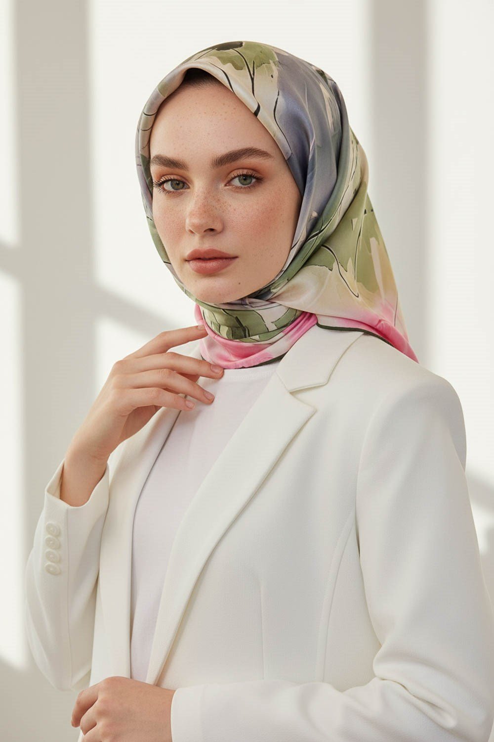 %100 Twill İpek Sulu Boya Çiçek Desenli Haki Renkli 90x90 Eşarp Dikim Şekli : El Dikişi