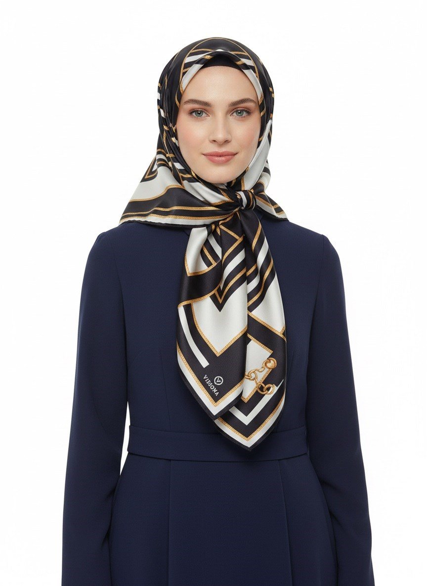 %100 Twill İpek Geometrik Desenli Siyah - Krem Renkli 90x90 Eşarp Dikim Şekli : El Dikişi