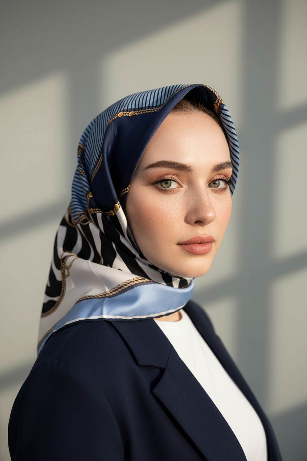 %100 Twill İpek Zincirli Ve Zebra Desenli Bebe Mavisi - Lacivert Renkli 90x90 Eşarp Dikim Şekli : El Dikişi
