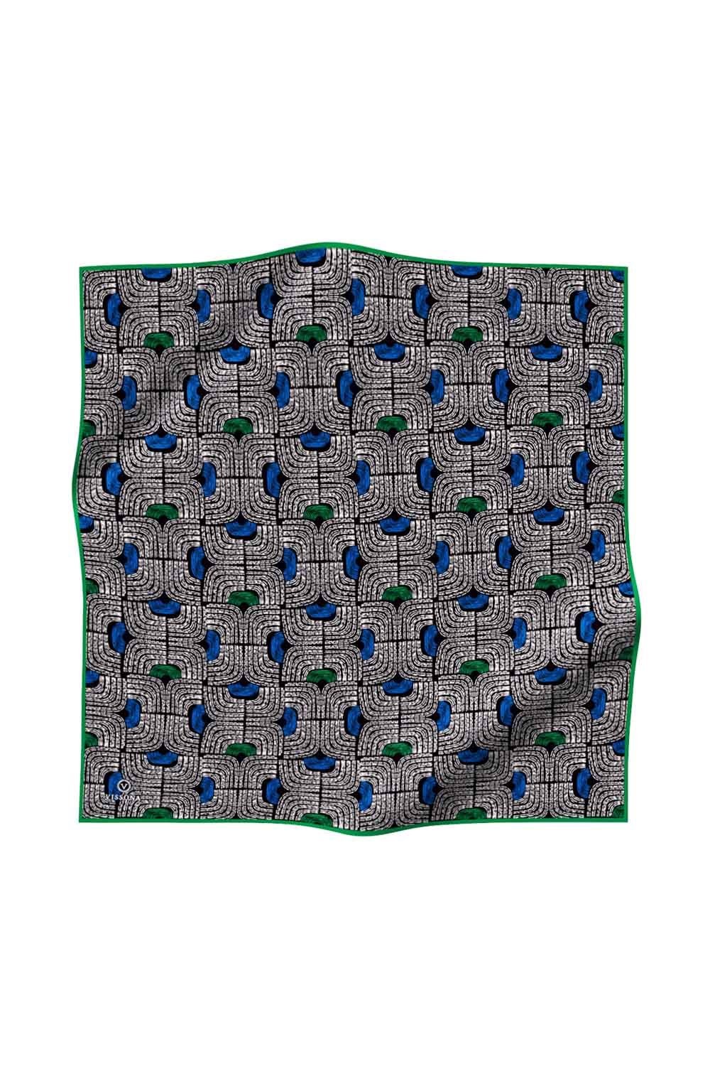 %100 Twill İpek Geometrik Desenli Saks - Zümrüt Yeşili Renkli 90x90 Eşarp Dikim Şekli : El Dikişi