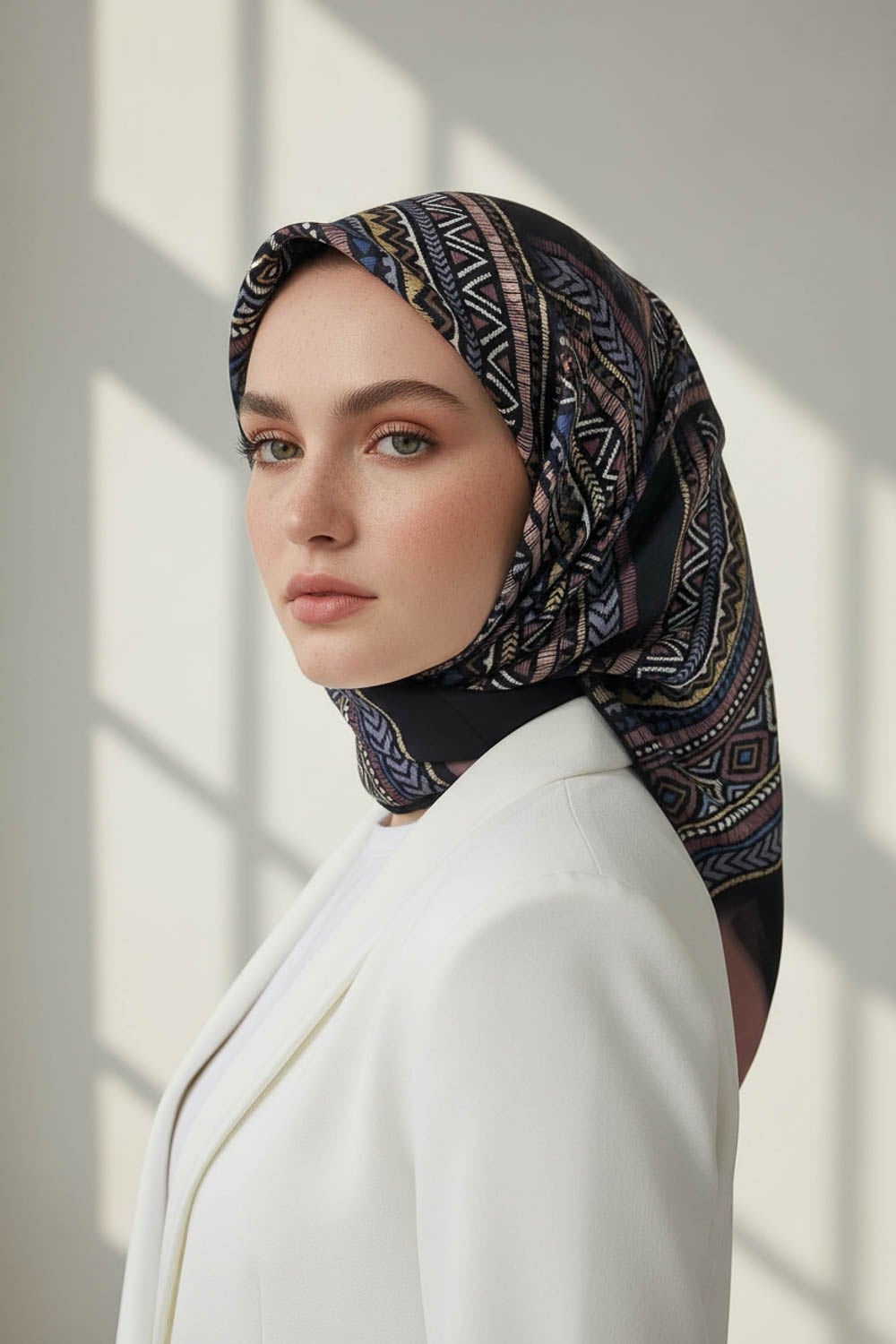 % 57 İPEK % 43 VİSKON Twill İpek Etnik Desenli Gül Kurusu - Siyah Renkli 90x90 Eşarp Dikim Şekli : El Dikişi