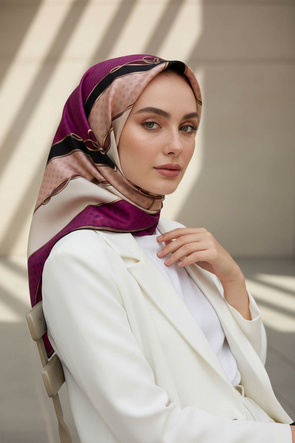 %100 Twill İpek Puantiyeli ve Geometrik Desenli Mürdüm - Krem Renkli 90x90 Eşarp Dikim Şekli : El Dikişi