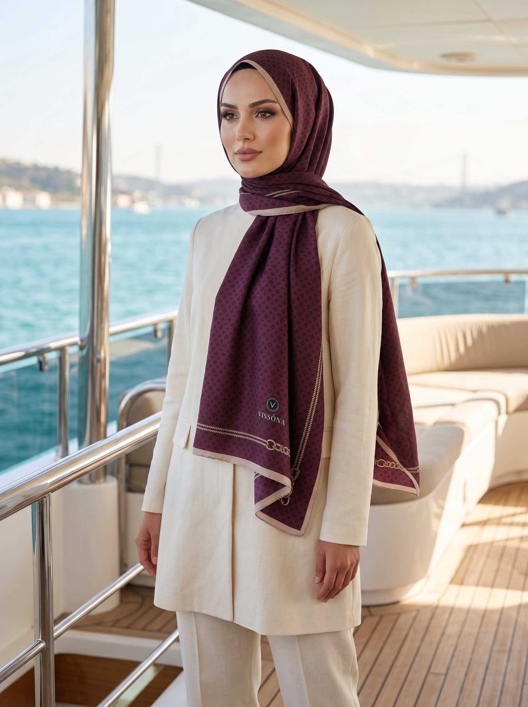 %100 Saf İpek Şal İnce Saten Vual Dokuma Zincir Desenli Şarabi - Siyah Renkli 90x210 Şal