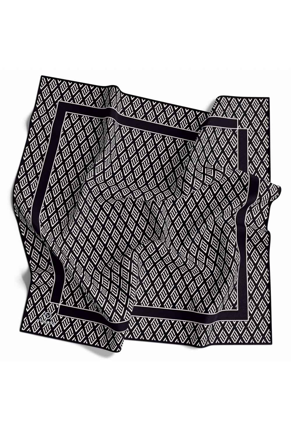 % 57 İPEK % 43 VİSKON Twill İpek Geometrik Desenli Siyah - Krem Renkli 90x90 Eşarp Dikim Şekli : El Dikişi