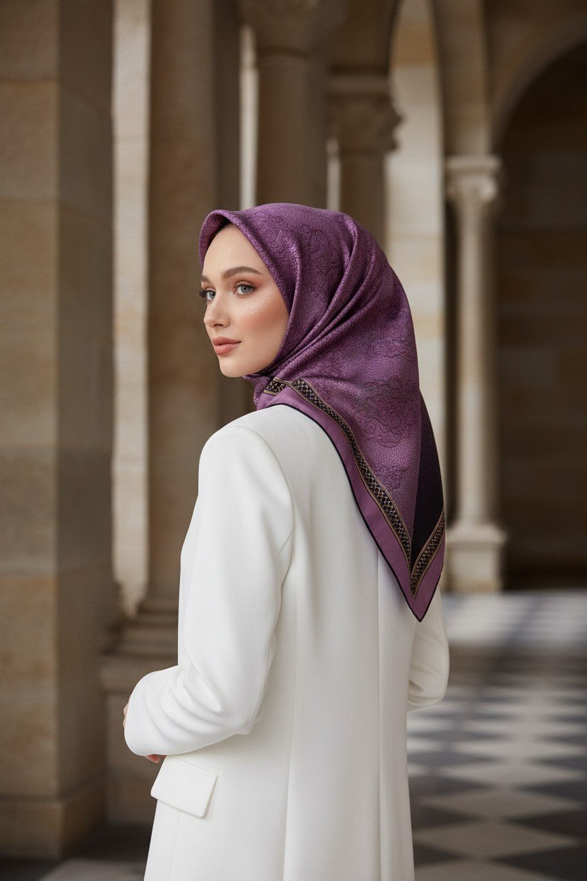 %100 Twill İpek Eşarp 90x90 Lila Barok Desenli El Dikişli Kadın Eşarp