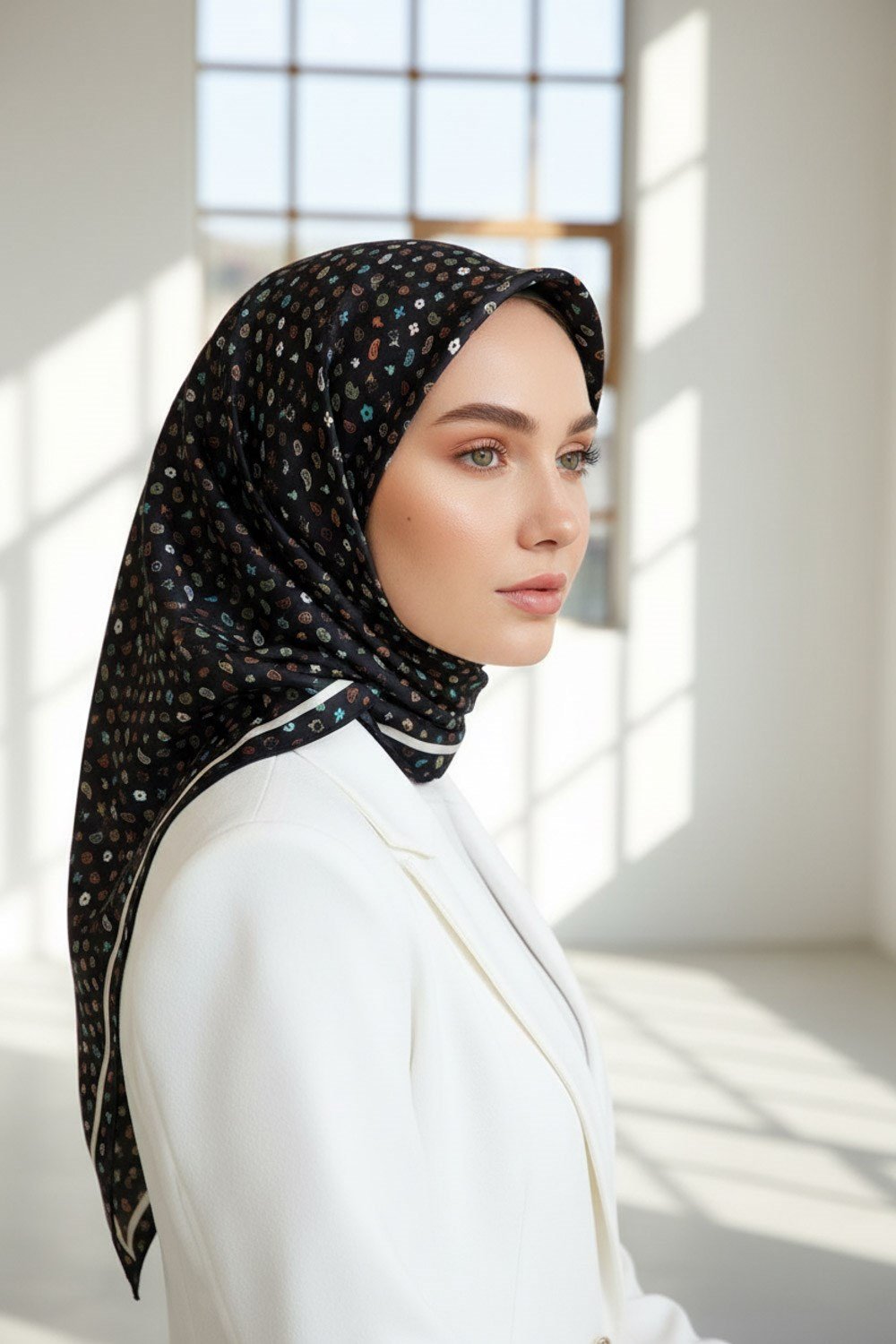 %100 Twill İpek Çıtır Desenli Siyah Renkli 90x90 Eşarp Dikim Şekli : El Dikişi
