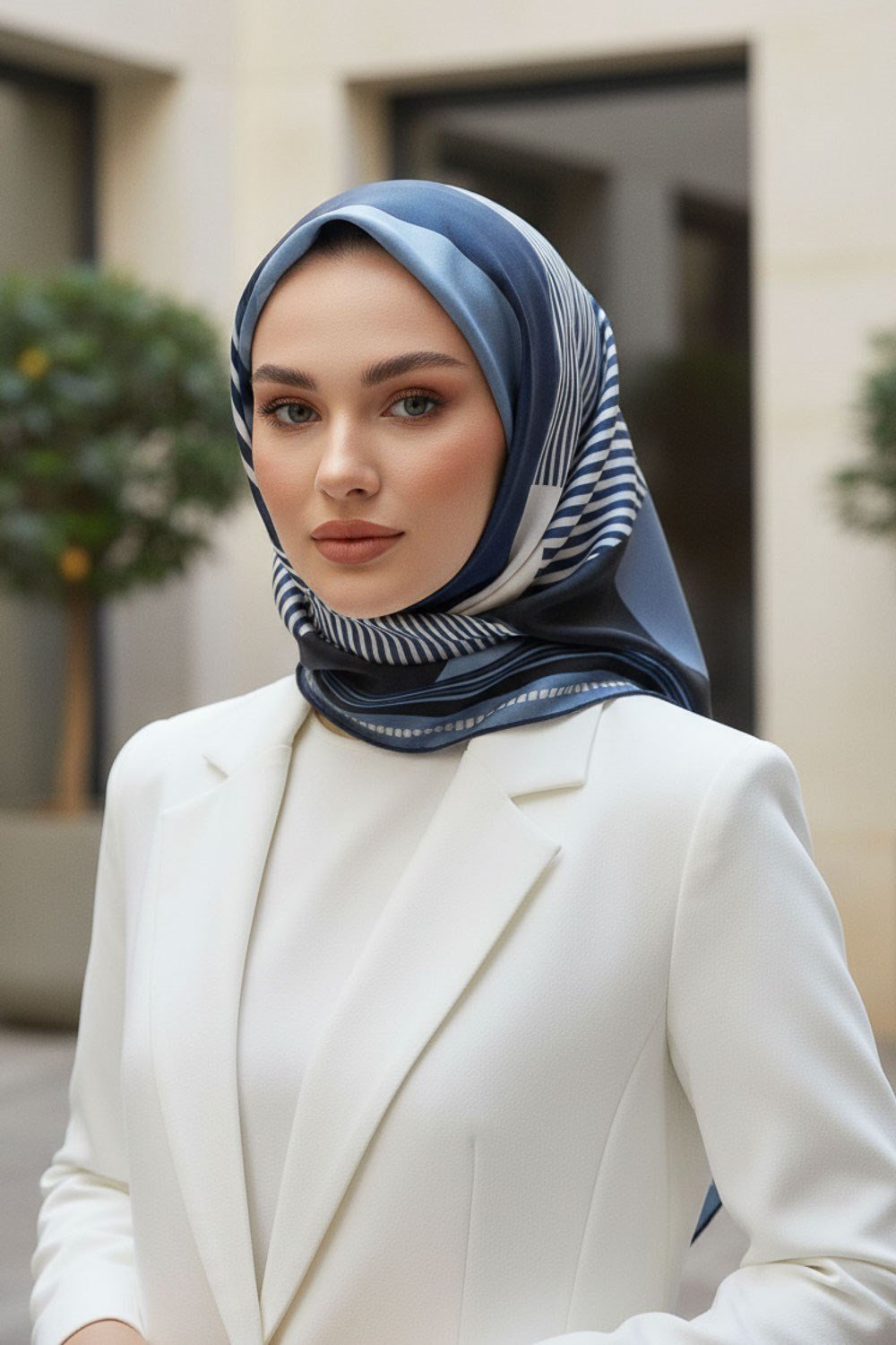 %100 Twill İpek Geometrik Desenli İndigo Renkli 90x90 Eşarp Dikim Şekli : El Dikişi