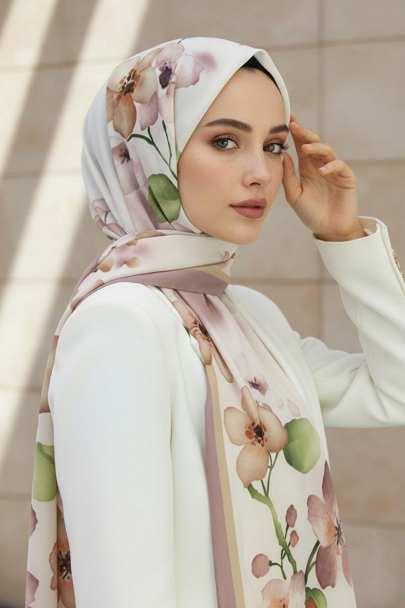 KREP ÇİÇEK DESENLİ PUDRA RENKLİ 75X195 KIRIŞMAZ ŞAL