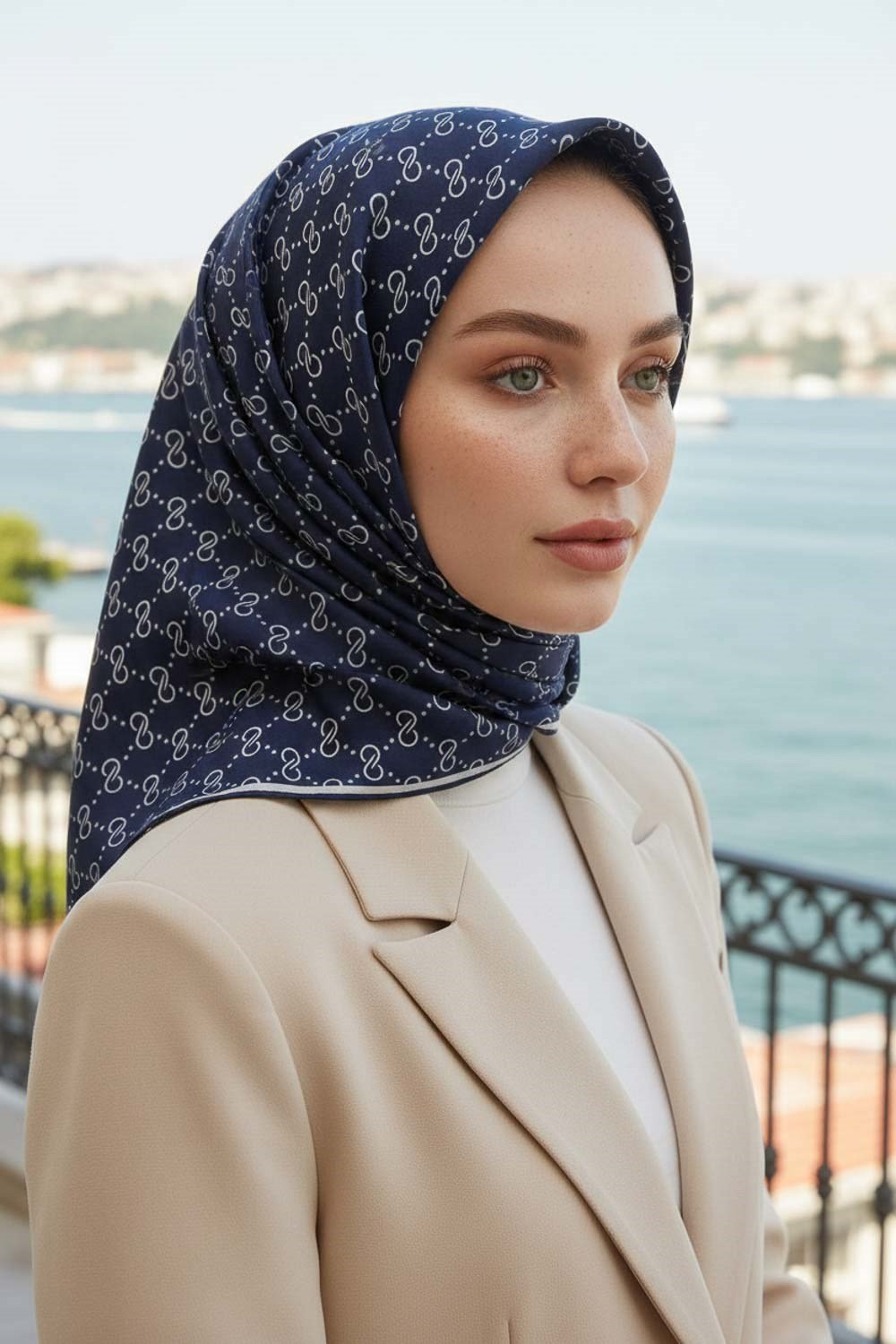 %57 İPEK %43 VİSKON Twill İpek Leopar Desenli Lacivert - Beyaz Renkli 90x90 Eşarp Dikim Şekli : El Dikişi