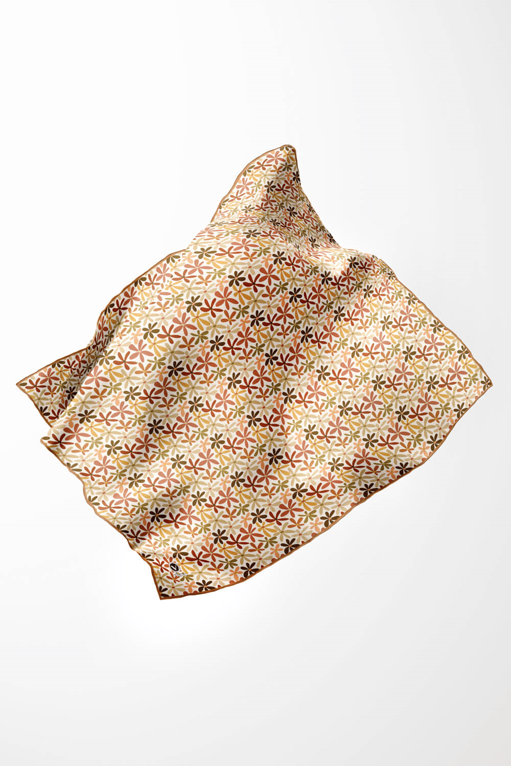 Twill Renkli Çiçek Desenli Hardal Renkli 90x90 Eşarp (İpek İçermez) Kenar Dikiş Şekli El Dikişli
