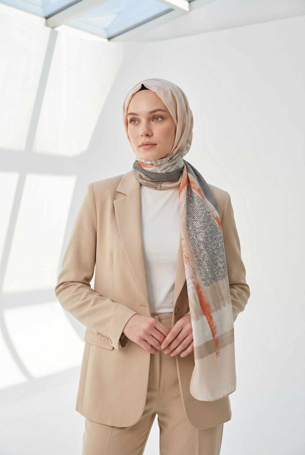 %100 Saf İpek Şal İnce Saten Vual Dokuma Patchwork Desenli Somon - Vizon Renkli 90x210 Şal