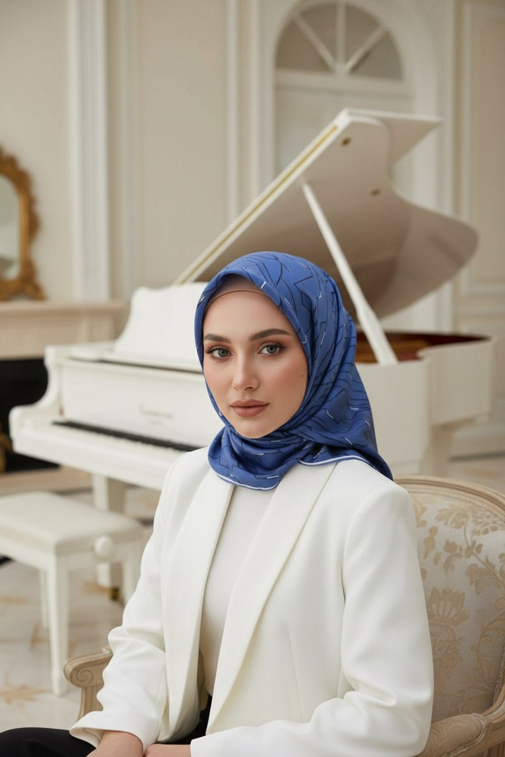 %100 Twill İpek Geometrik Desenli İndigo Renkli 90x90 Eşarp Dikim Şekli : El Dikişi