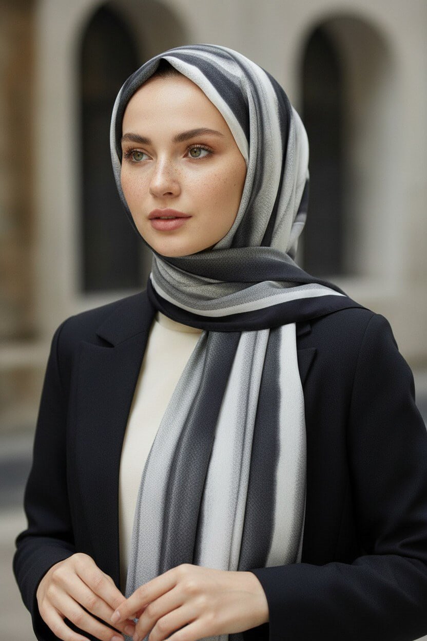 KREP SULU BOYA ÇİZGİLİ DESENLİ SİYAH RENKLİ 75X195 KIRIŞMAZ ŞAL