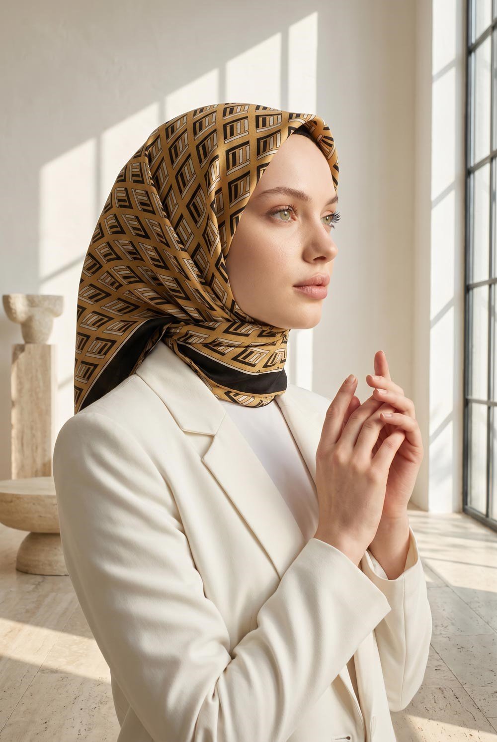 %100 Twill İpek Geometrik Desenli Gold- Siyah Renkli 90x90 Eşarp Dikim Şekli : El Dikişi