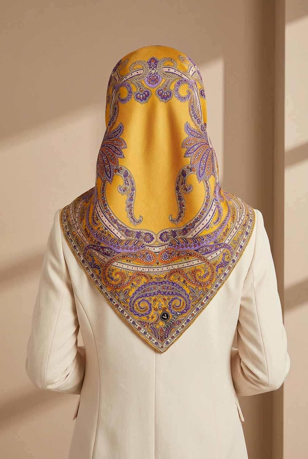 %100 Twill İpek Şal Desenli Gold Renkli 90x90 Eşarp Dikim Şekli : El Dikişi