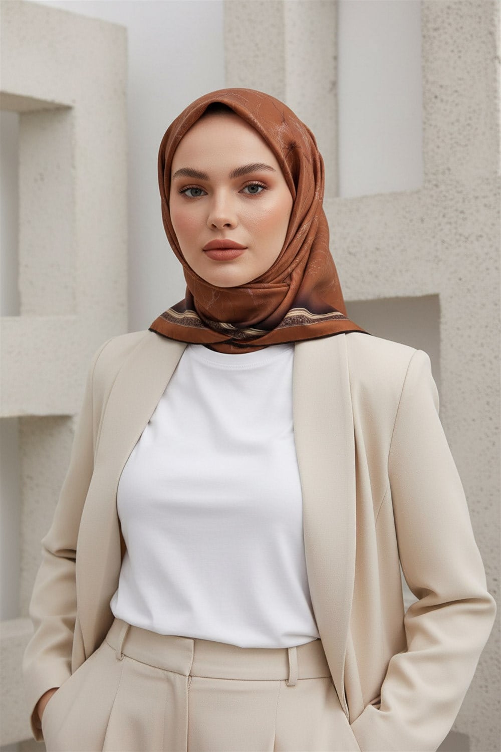 %100 Twill İpek Mermer Desenli Taba Renkli 90x90 Eşarp Dikim Şekli : El Dikişi