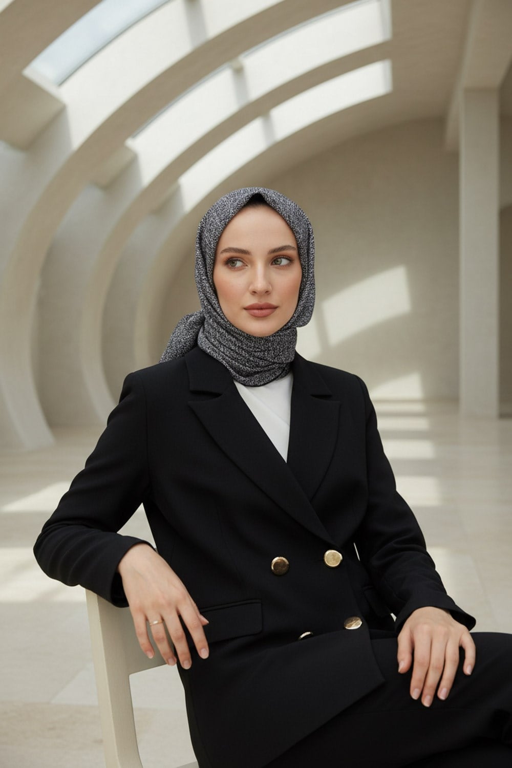 %100 Twill İpek Dokulu Desen Gri - Siyah Renkli 90x90 Eşarp Kenar Dikiş Şekli El Dikişli