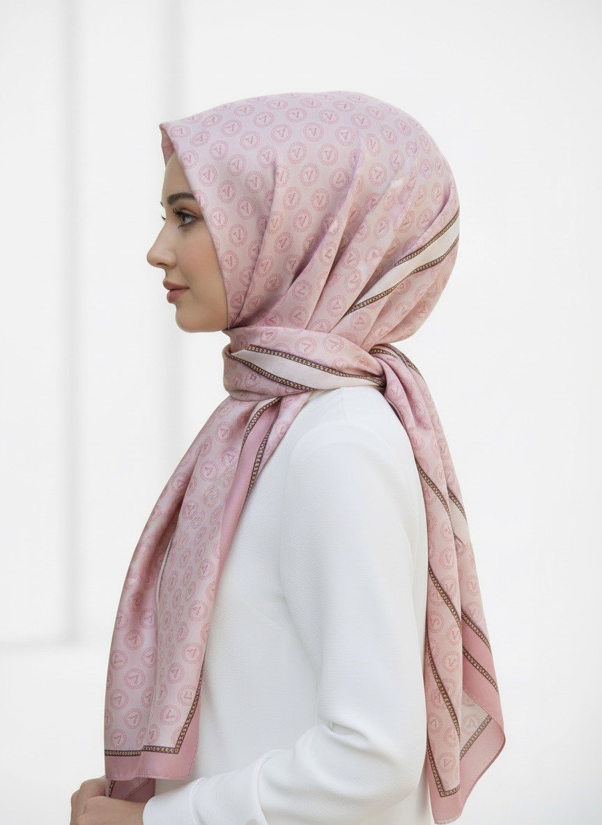 %100 Saf İpek Şal İnce Saten Vual Dokuma Monogram Desenli Pudra - Krem Renkli 90x210 Şal