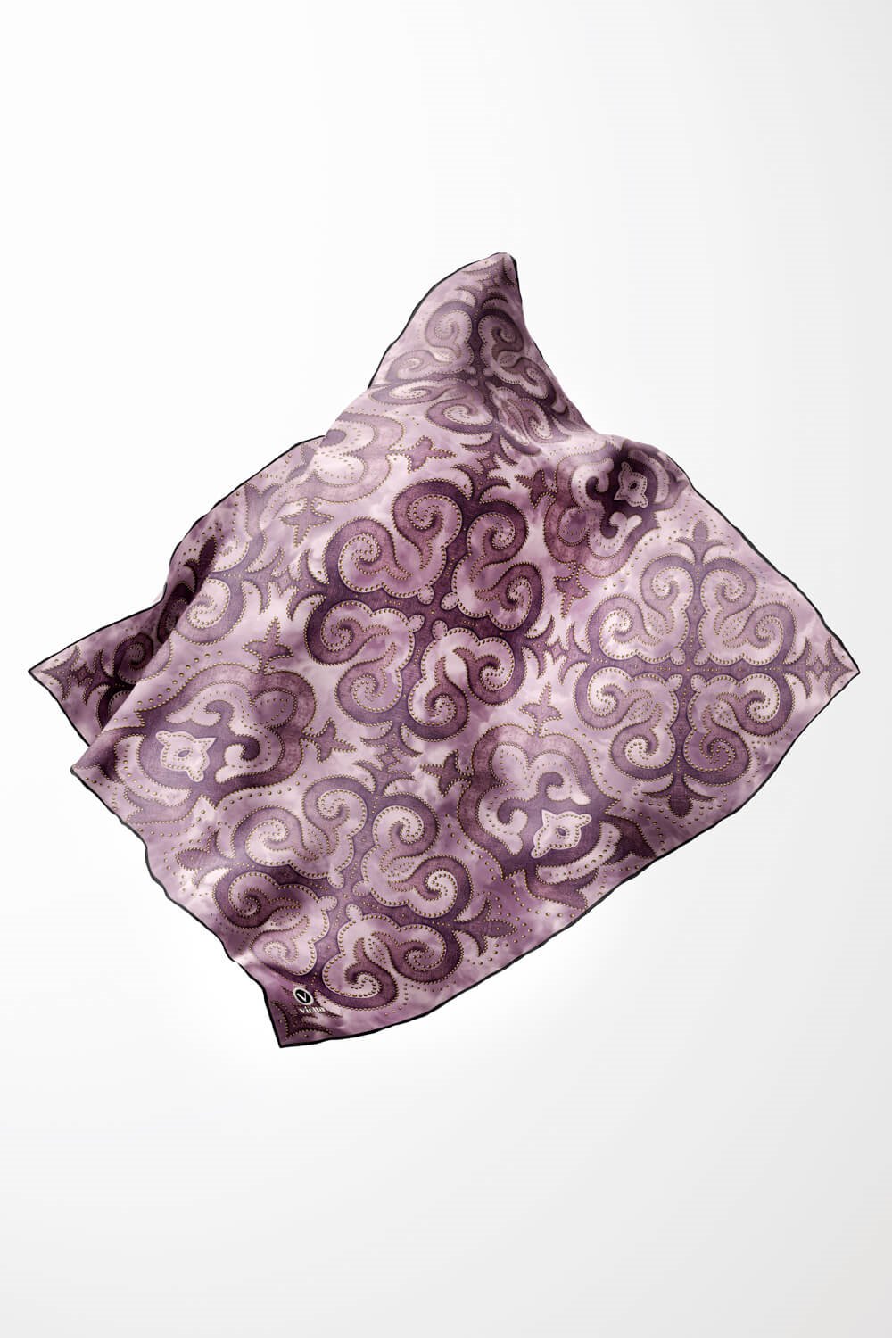 Twill Barok Desenli Lila Renkli 90x90 Eşarp (İpek İçermez) Kenar Dikiş Şekli El Dikişli