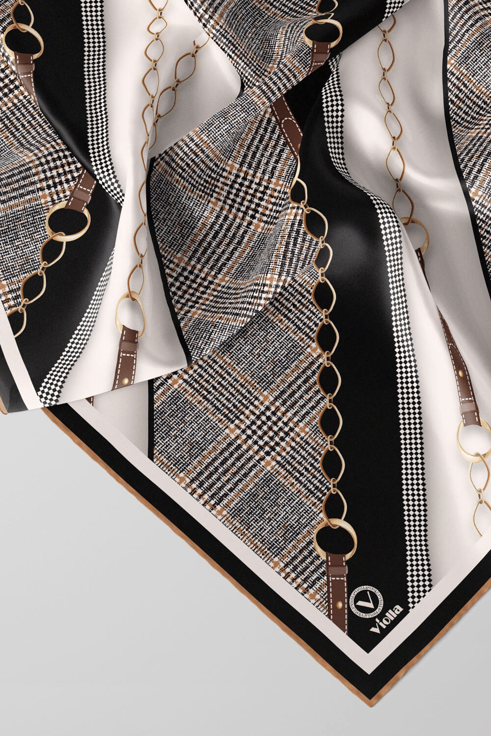 Twill Kemer Desenli Siyah Renkli 90x90 Eşarp (İpek İçermez) Kenar Dikiş Şekli El Dikişli