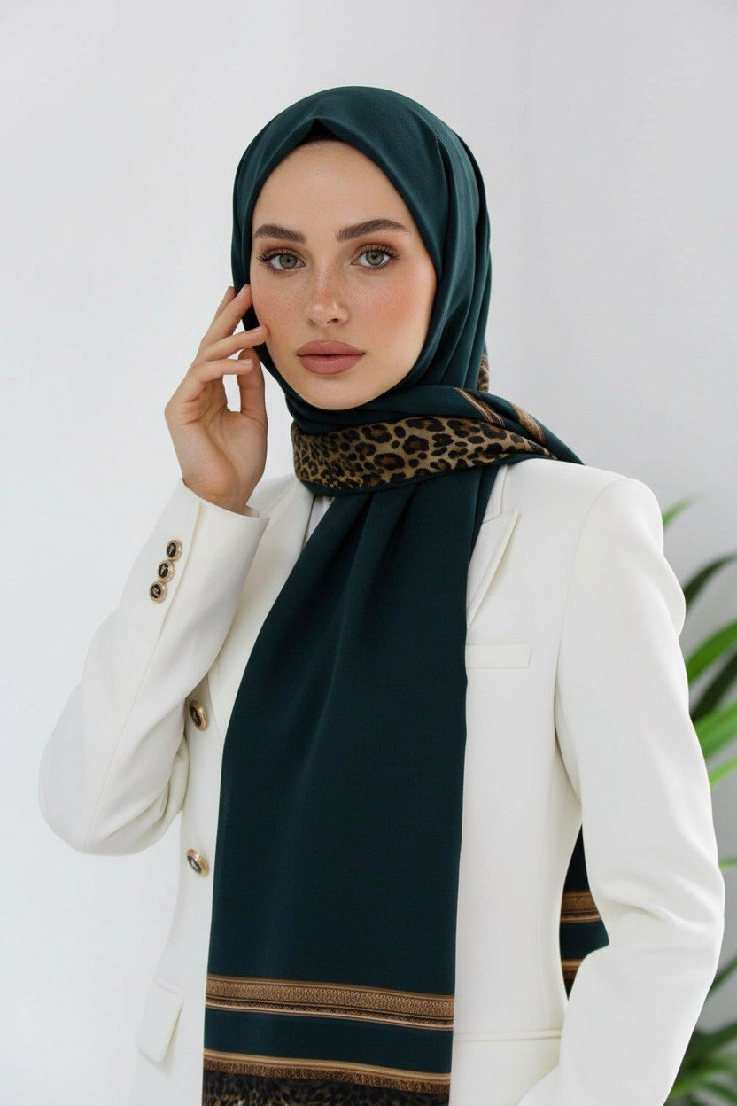 KREP LEOPAR BORDÜR DESENLİ PETROL YEŞİLİ RENKLİ 75X195 KIRIŞMAZ ŞAL