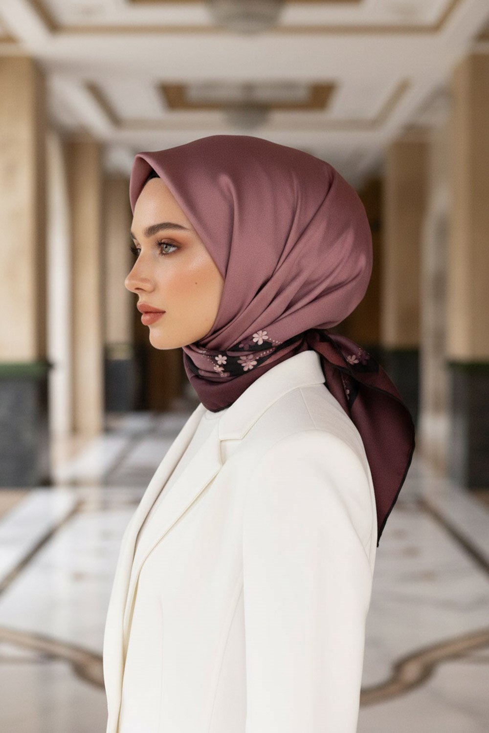 %100 Twill İpek Kenar Motifi Çiçek Desenli Gül Kurusu - Siyah Renkli 90x90 Eşarp Dikim Şekli : El Dikişi
