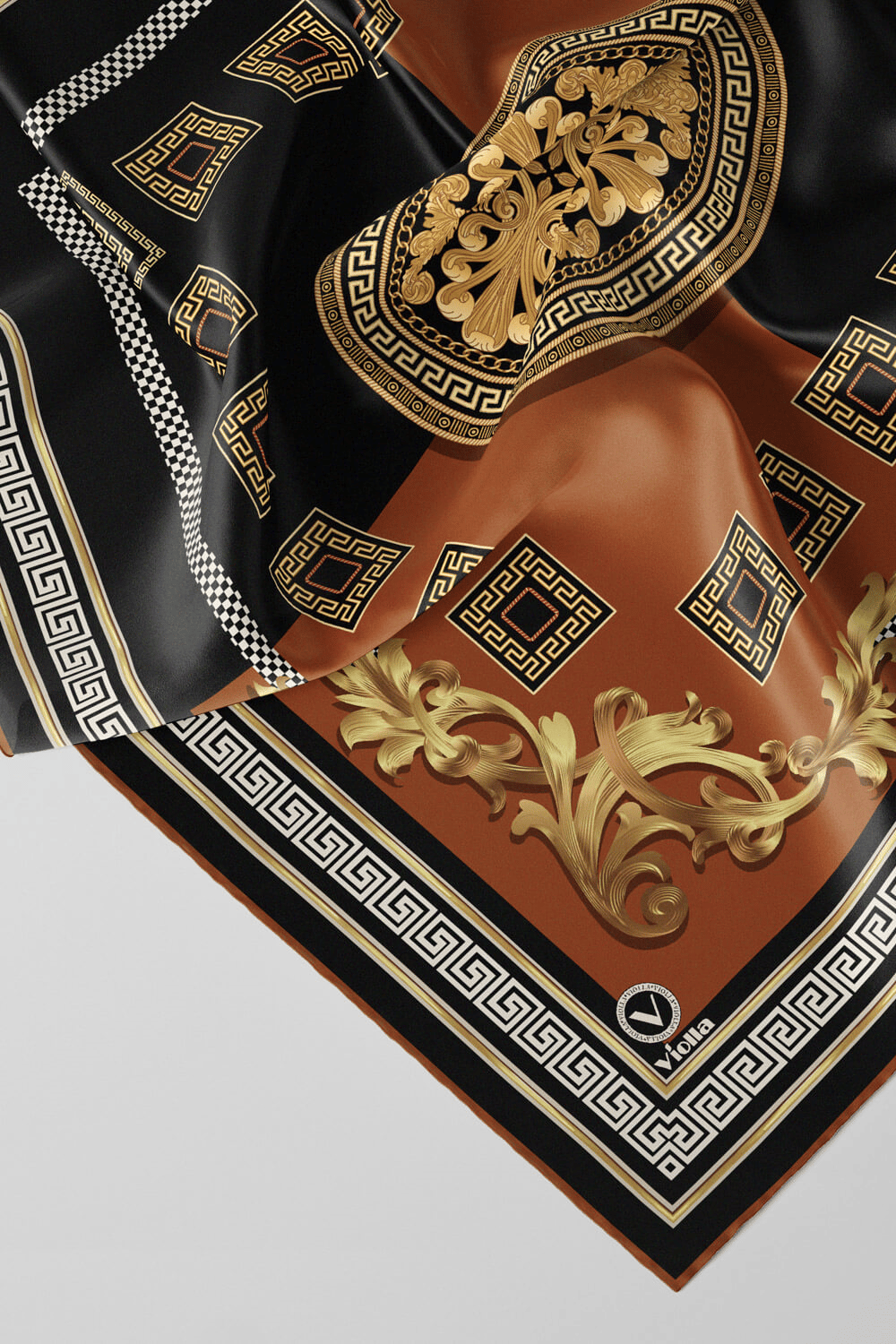 Twill Barok Desenli Taba Renkli 90x90 Eşarp (İpek İçermez) Kenar Dikiş Şekli El Dikişli