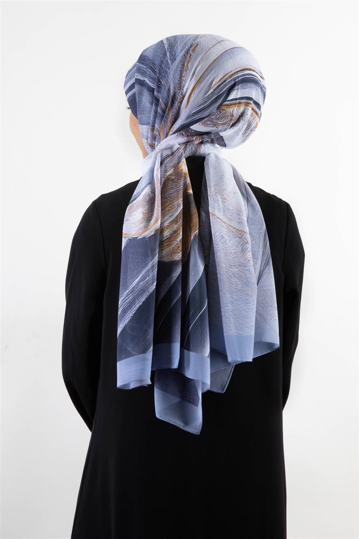 KREP ŞAL EFEKTLİ VE SOYUT DESENLİ BEBE MAVİSİ RENKLİ 70X190 KIRIŞMAZ ŞAL İTAYLYAN DİKİŞLİ
