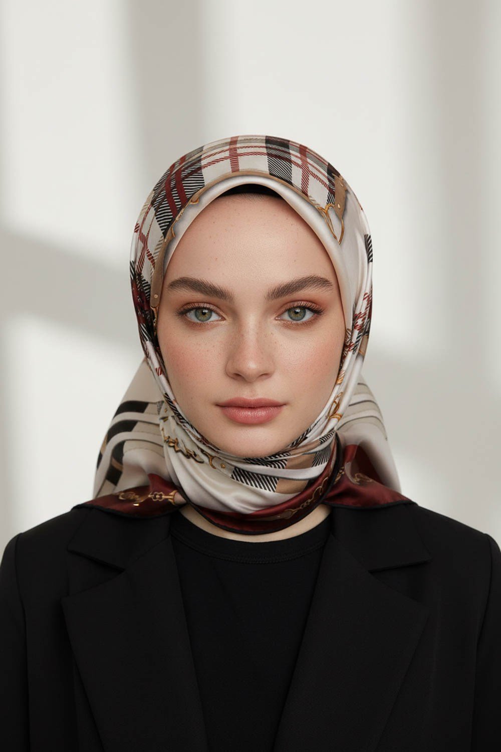 Twill Ekoseli Ve Zincir Desenli Bordo Renkli 90x90 Eşarp (İpek İçermez) Dikim Şekli : El Dikişi