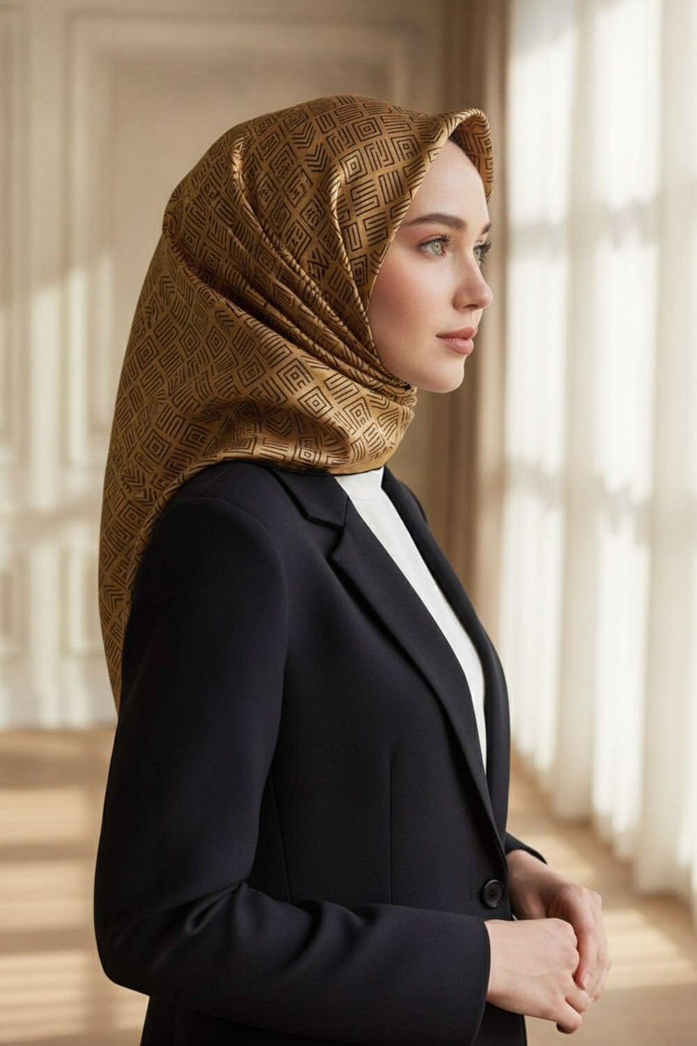 100% Twill İpek Etnik Motif Desenli Gold - Siyah Renkli 90x90 Dikim Şekli : El Dikişi Eşarp