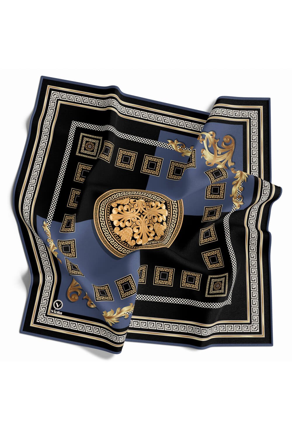Twill Barok Desenli İndigo Renkli 90x90 Eşarp (İpek İçermez) Kenar Dikiş Şekli El Dikişli
