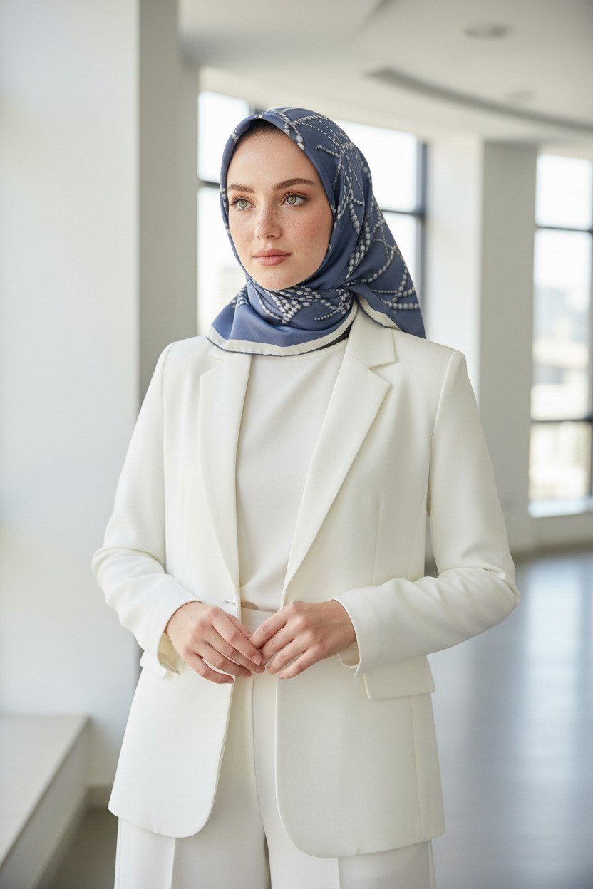 %100 Twill İpek İnci Desenli İndigo Renkli 90x90 Eşarp Kenar Dikiş Şekli : El Dikişli