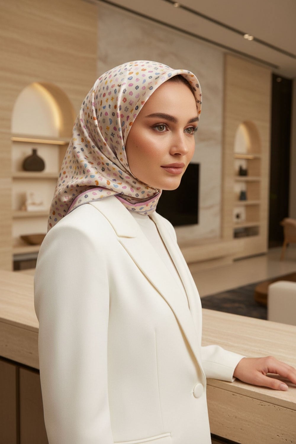 %100 Twill İpek Çıtır Desenli Krem - Pembe Renkli 90x90 Eşarp Dikim Şekli : El Dikişi