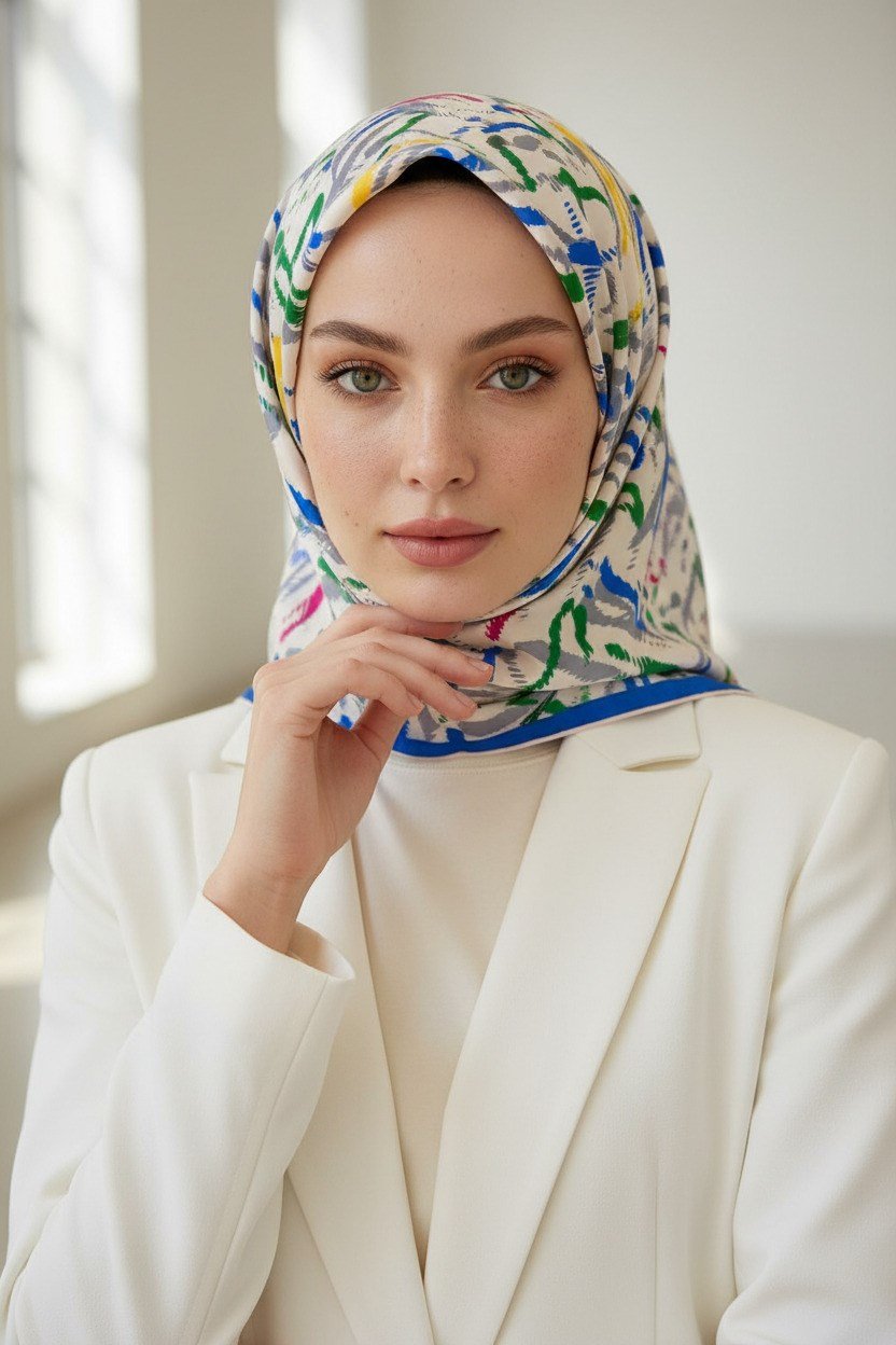 %100 Twill İpek Geometrik Desenli Saks - Zümrüt Yeşili Renkli 90x90 Eşarp Dikim Şekli : El Dikişi