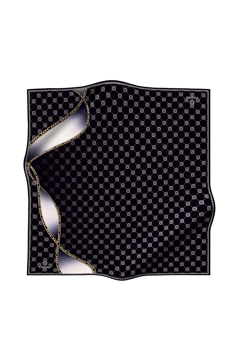 %100 Twill İpek Zincirli Ve Monogram Desenli Siyah - Krem Renkli 90x90 Eşarp Dikim Şekli : El Dikişi